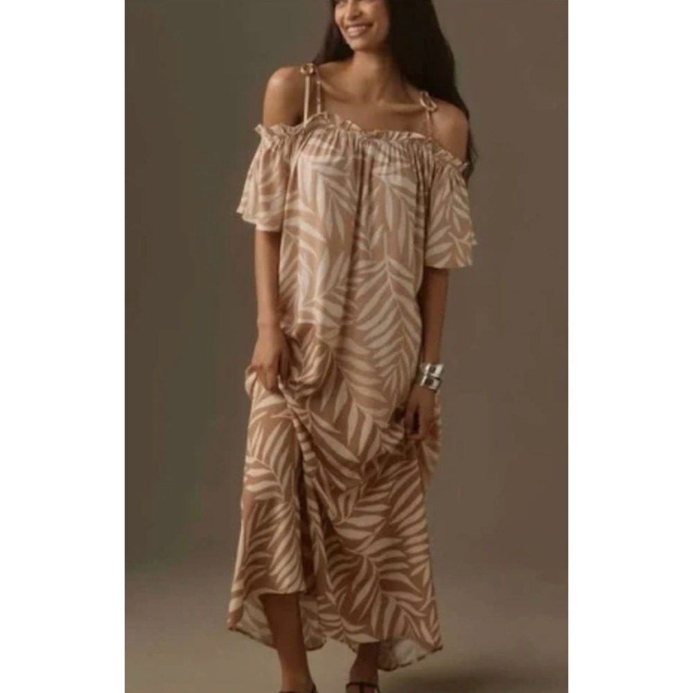 Conditions Apply Tie Strap Kaftan Tropical Neutral Maxi Dress Boho Anthropologie